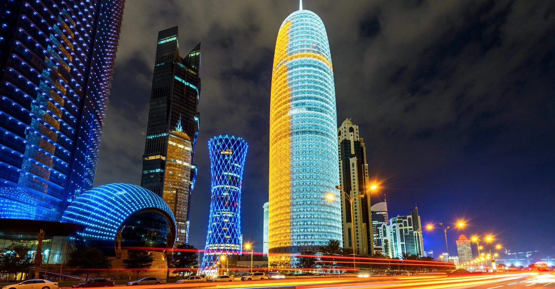 Doha West Bay towers illuminated at night